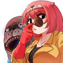  black_eyes commentary_request fang fins gloves hairband head_fins highres jacket katsurahama_aquarium kemono_friends kemono_friends_3 long_hair looking_at_viewer mcgunngu open_mouth otodo-chan otodo-chan_(kemono_friends) pink_gloves pink_hair shirt simple_background sunglasses upper_body yellow_jacket 