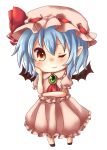  1girl ascot bat_wings blue_hair brooch chibi hand_on_own_face hat hat_ribbon jewelry kudukimii looking_at_viewer mob_cap pointy_ears red_eyes remilia_scarlet ribbon short_hair simple_background skirt skirt_set smile solo touhou white_background wings wink 