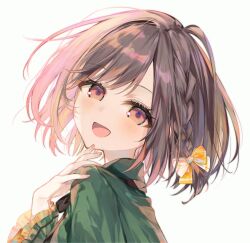  1girl :d ahoge aimi_(mimi_nii2) arm_at_side black_bow black_bowtie blush bow bowtie braid brown_eyes brown_hair collared_shirt commentary_request dot_nose eyelashes finger_to_own_chin fingernails frilled_sleeves frills from_behind from_below green_shirt hair_bow hand_on_own_shoulder highres huge_ahoge long_sleeves looking_at_viewer looking_back official_alternate_costume open_mouth orange_bow portrait project_sekai shinonome_ena shirt short_hair side_braid sidelighting simple_background single_braid smile solo swept_bangs tareme tongue turning_head white_background 