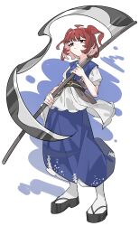  1girl black_sandals breasts brown_sash closed_mouth coin coin_on_string commentary hair_bobbles hair_ornament highres holding holding_scythe o_(crazyoton46) obi obidome onozuka_komachi puffy_short_sleeves puffy_sleeves red_eyes red_hair sandals sash scythe short_hair short_sleeves simple_background small_breasts socks solo touhou two_side_up white_background white_socks 