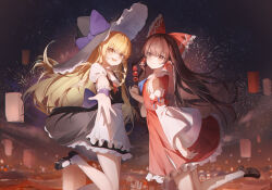  2girls absurdres aerial_fireworks apron ascot black_hat black_shoes black_skirt black_vest blonde_hair blue_ascot bow braid brown_eyes brown_hair brown_shoes chinese_commentary commentary_request dango detached_sleeves eating fireworks food frilled_bow frilled_hair_tubes frills hair_bow hair_tubes hakurei_reimu hat hat_bow highres holding holding_skewer kirisame_marisa long_hair mary_janes multiple_girls outdoors reaching reaching_towards_viewer red_bow red_skirt ribbon-trimmed_sleeves ribbon_trim shoes side_braid single_braid skewer skirt skirt_set socks touhou vest wagashi waist_apron white_apron white_socks witch_hat yellow_eyes z-bow 
