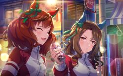  2girls ^_^ animal_ears artist_request bow breasts brown_eyes brown_hair bubble_tea building can closed_eyes closed_mouth crest drink ear_covers furrowed_brow game_asset giving_food green_bow hair_between_eyes hair_bow happy holding holding_drink horse_ears horse_girl jacket king_halo_(umamusume) lamppost light_blush long_hair long_sleeves looking_at_another low_twintails medium_breasts medium_hair multicolored_hair multiple_girls nervous nice_nature_(umamusume) night official_art open_mouth outdoors pointy_nose pout puffy_long_sleeves puffy_sleeves raised_inner_eyebrows red_hair red_sleeves road_sign short_twintails sign small_breasts smile streaked_hair sweatdrop third-party_source tracen_training_uniform track_jacket turtleneck turtleneck_jacket twintails umamusume upper_body wavy_hair white_jacket window zipper zipper_pull_tab 