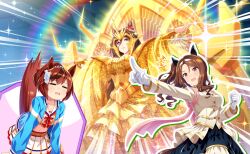  3girls =_= ^^^ animal_ears armband armor artist_request belt belt_buckle black_skirt blue_jacket bracer breastplate breasts brown_eyes brown_hair buckle center_frills cheerleader clenched_hand collarbone cowboy_shot cropped_shirt dot_nose drop_shadow ear_covers ear_ornament ears_through_headwear emphasis_lines frilled_jacket frilled_skirt frills frown game_asset gem gloom_(expression) gloves gold_buttons hair_between_eyes hair_ornament hair_scrunchie hairband happy hat high_ponytail holding holding_pom_poms horse_ears horse_girl jacket king_halo_(cheerleader_in_noble_white)_(umamusume) king_halo_(umamusume) large_breasts leaning_forward lips long_hair long_hair_between_eyes long_skirt long_sleeves looking_ahead midriff mini_hat miniskirt multiple_girls navel nice_nature_(run_&amp;_win)_(umamusume) nice_nature_(umamusume) official_alternate_costume official_art one_side_up open_clothes open_jacket open_mouth orange_belt outline outstretched_arms parted_lips pearl_(gemstone) pink_armband pink_lips pleated_skirt pointing pointing_forward pom_pom_(cheerleading) ponytail puffy_long_sleeves puffy_sleeves rainbow red_hair red_hat rope sailor_collar scrunchie seeking_the_pearl_(umamusume) shimenawa shirt short_ponytail skirt sleeve_cuffs smile sparkle striped_clothes striped_scrunchie surprised sweatdrop tail_raised third-party_source track_jacket umamusume unamused very_long_hair violet_eyes wavy_hair wavy_mouth white_gloves white_hairband white_jacket white_outline white_sailor_collar white_scrunchie white_shirt white_skirt yellow_shirt yellow_skirt zipper 