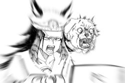  1girl animal_ears black_hair blank_eyes bulldog fenomeno_(umamusume) greyscale hat horse_ears horse_girl kedama_(touhou0514) long_hair monochrome motion_blur open_mouth peaked_cap screaming sketch umamusume upper_body 
