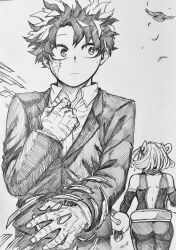  1boy 1girl boku_no_hero_academia burn_scar formal_clothes highres midoriya_izuku monochrome nagatomo1565 scar scar_on_arm scar_on_face suit superhero_costume uraraka_ochaco 