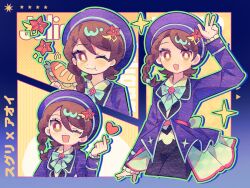  1girl bingtian_mha black_shorts blush braid brown_hair character_name commentary cropped_legs finger_heart food hair_ornament hat hat_ornament heart highres holding holding_food holding_sandwich jacket juliana_(anniversary_2026)_(pokemon) juliana_(pokemon) long_sleeves multiple_views one_eye_closed open_mouth orange_eyes pokemon pokemon_masters_ex purple_hat purple_jacket sandwich shorts simple_background star_(symbol) star_hair_ornament star_hat_ornament w 