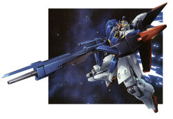  aeug artist_request beam_cannon beam_rifle cable energy_gun english_commentary green_eyes gundam mecha mecha_focus mobile_suit nebula no_humans robot science_fiction shield space star_(sky) thrusters v-fin weapon zero_gravity zeta_gundam zeta_gundam_(mobile_suit) 