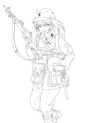  1girl ammunition_pouch boots breast_pocket chinese_commentary chinstrap collar_tabs collared_jacket collared_shirt commentary_request detached_magazine_(weapon) field_cap finger_on_trigger foot_out_of_frame gun gun_sling hat highres holding holding_gun holding_magazine_(weapon) holding_weapon imperial_japanese_army insignia jacket leg_up lineart load_bearing_equipment longmei_er_de_tuzi looking_at_viewer magazine_(weapon) medium_hair military military_hat military_jacket military_uniform monochrome one_eye_closed open_mouth original pants pocket pouch puttees reloading sheath shirt simple_background soldier star_(symbol) submachine_gun type_100_smg weapon white_background world_war_ii 