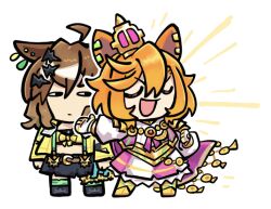  2girls ahoge animal_ears armor bandeau boots breasts brown_hair cape chibi chibi_only closed_eyes closed_mouth crown fingerless_gloves gloves gold_boots gold_corset green_socks hair_between_eyes hair_ornament hairclip highres horse_ears horse_girl horse_tail jacket jewelry jungle_pocket_(champion's_battle_cry)_(umamusume) jungle_pocket_(umamusume) long_sleeves medium_hair midriff mini_crown multiple_girls open_clothes open_mouth orange_hair pikminpreggedup pink_cape pink_crown shirt short_hair shoulder_armor skirt smile socks t.m._opera_o_(o_sole_suo!)_(umamusume) t.m._opera_o_(umamusume) tail two-tone_skirt umamusume white_shirt yellow_bandeau yellow_eyes yellow_jacket 