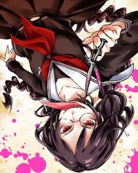  1girl blood blood_on_weapon blood_splatter braid brown_serafuku brown_shirt brown_skirt collarbone collared_shirt commentary_request danganronpa:_trigger_happy_havoc danganronpa_(series) eyelashes fingernails fukawa_toko genocider_sho glasses holding holding_scissors holding_weapon kikuichi_monji long_hair long_sleeves long_tongue neckerchief open_mouth pink_blood purple_hair red_eyes red_neckerchief round_eyewear sailor_collar school_uniform scissors serafuku sharp_teeth shirt skirt skirt_set smile solo teeth tongue tongue_out twin_braids twintails upper_teeth_only upside-down weapon white_sailor_collar 
