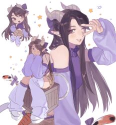  1girl :d ama_a93 black_eyes black_hair bow box bright_pupils brown_shorts cat_tail closed_mouth commentary crate cropped_sweater demon_girl demon_horns detached_sleeves elbows_on_knees english_commentary grey_horns grin hair_bow hand_up hands_on_own_chin horns leg_warmers long_hair long_sleeves looking_at_viewer minecraft_youtube multiple_views on_box open_mouth parted_bangs pink_hair pink_sweater pointy_ears purple_bow purple_leg_warmers purple_sleeves quackity_smp shoes short_shorts shorts simple_background sitting sleeveless sleeveless_sweater smile star_(symbol) sweater tail tail_bow tail_ornament tinakitten turtleneck turtleneck_sweater v v_over_eye very_long_hair white_background white_shoes 