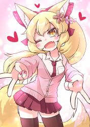  1girl animal_ear_fluff animal_ears blonde_hair breasts brown_leggings collar commentary eyelashes facing_viewer flower_hairpin fluff fluffy_tail fox_ears fox_girl fox_tail hair_between_eyes hair_ornament heart highres karasuma_amiru large_tail leggings long_sleeves looking_at_viewer medium_breasts necktie one_eye_closed open_mouth original pink_background pink_shirt pointy_ears ponytail red_necktie red_skirt ribbon shirt skirt solo standing tail tooth very_long_tail white_background white_shirt yellow_eyes 
