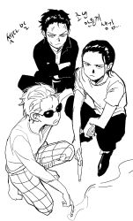  3boys chamsut0905 cigarette commentary_request crocodile_(one_piece) crossed_arms donquixote_doflamingo dracule_mihawk greyscale hair_slicked_back highres holding holding_cigarette korean_commentary male_focus monochrome multiple_boys one_piece shirt short_hair squatting sunglasses t-shirt 