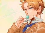  ahoge america_(hetalia) axis_powers_hetalia blonde_hair blue_eyes candy character_name face glasses kisaragi_manami lollipop male necktie solo star sweater 