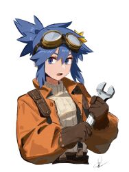  1girl blue_eyes blue_hair brown_gloves commentary commission double-parted_bangs english_commentary gloves goggles goggles_on_head grey_background hair_between_eyes highres holding holding_wrench long_sleeves open_mouth original short_hair sidelocks simple_background sketch solo speedoshi sweater teeth turtleneck turtleneck_sweater upper_body upper_teeth_only wrench 