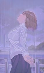  1girl arcueid_brunestud arms_at_sides blonde_hair breasts closed_eyes closed_mouth from_side hair_intakes highres huge_breasts jishui3q outdoors purple_skirt rain sidelocks skirt solo sweater tsukihime turtleneck turtleneck_sweater upper_body wet wet_clothes wet_hair wet_sweater white_sweater 