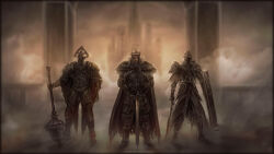  3boys absurdres armor castle crown dark_souls_(series) dark_souls_ii full_armor full_body fume_knight highres holding holding_mace holding_shield holding_sword holding_weapon mace multiple_boys outdoors planted planted_sword shield sword velstadt_the_royal_aegis vempire vendrick_(dark_souls) weapon 