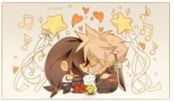  1boy 1girl 4k1030 black_hair blonde_hair closed_eyes cloud_strife english_commentary final_fantasy final_fantasy_vii final_fantasy_vii_remake frog from_side full_body heart highres kiss musical_note profile sitting spiky_hair star_(symbol) sword sword_on_back tifa_lockhart weapon weapon_on_back 