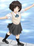  amagami brown_eyes brown_hair highres keisuke_(0320030103200301) open_mouth outstretched_arms pleated_skirt school_uniform short_hair skirt smile solo sweater_vest tachibana_miya 