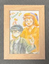  2boys absurdres alternate_costume alternate_eye_color black_eyes black_hair black_hat blush brown_eyes brown_hair character_name closed_mouth collared_shirt commentary double-parted_bangs hair_between_eyes hat highres kel_(faraway)_(omori) kel_(omori) long_sleeves looking_at_viewer male_focus multiple_boys nat_omogu newsboy_cap omori one_eye_closed open_mouth orange_sweater pom_pom_(clothes) shirt shirt_under_sweater short_hair smile sunny_(omori) sweater traditional_media untranslatable_commentary white_shirt 