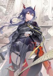  1girl 1xcatfish arknights blue_hair breasts ch'en_(arknights) ch'en_the_dawnstreak_(arknights) chi_xiao_(arknights) chinese_commentary chinese_text closed_mouth commentary_request dragon_girl dragon_horns dragon_tail eastern_dragon_horns eastern_dragon_tail expressionless feet_out_of_frame floating floating_hair floating_object gloves hair_between_eyes hand_on_hilt highres horns long_hair long_sleeves looking_to_the_side paper red_eyes scroll solo standing tail translation_request 