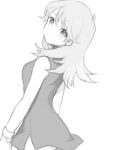  black_dress blue_(pokemon) drawr dress earrings from_behind gloves greyscale hirosuke jewelry long_hair looking_at_viewer looking_back minidress monochrome pokemon pokemon_special simple_background sleeveless solo white_background 