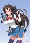  armband bangs blush bow breasts brown_hair copyright_request dual_wielding glasses gradient gradient_background gun large_breasts leaning_forward long_hair long_sleeves number10_(hagakure) p228 pistol pleated_skirt purple_legwear red-framed_glasses red_eyes school_uniform semi-rimless_glasses sig_sauer simple_background skirt solo suzumiya_haruhi_no_yuuutsu sweatdrop taut_shirt thigh-highs thighhighs trigger_discipline under-rim_glasses very_long_hair weapon 