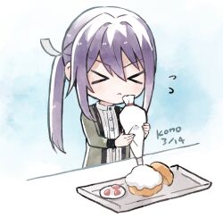 >_< 1boy artist_name baking blue_background closed_mouth commentary_request cream cream_puff dated deformed ensemble_stars! flying_sweatdrops food frown fruit grey_jacket hair_between_eyes hair_ribbon holding holding_pastry_bag jacket kanzaki_souma ko_no_ao long_hair male_focus pastry_bag plate ponytail purple_hair ribbed_shirt ribbon shirt signature solo straight_hair strawberry strawberry_slice tray v-shaped_eyebrows white_ribbon white_shirt 