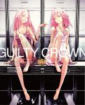  bare_legs barefoot dress feet flower guilty_crown hair_ornament long_hair multiple_girls official_art open_mouth orange_eyes ouma_mana pink_hair redjuice symmetry toes twintails yuzuriha_inori 