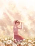  ^_^ artist_name brown_hair child closed_eyes doujima_nanako eyes_closed field flower happy head_wreath open_mouth persona persona_4 petals robinexile short_hair short_twintails skirt sky smile solo sunbeam sunlight sweater twintails wreath 