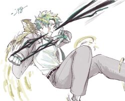  1boy aaaaa_jpg boku_no_hero_academia burn_scar commentary_request formal_clothes green_hair male_focus midoriya_izuku scar scar_on_face silk solo spiky_hair suit 