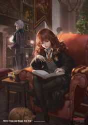  1girl 3boys antilous apple armchair artist_logo artist_name banner black_hair black_overalls black_pantyhose black_robe black_skirt blanket blunt_bangs book book_stack bowl brown_cat brown_eyes brown_hair cat chair chinese_commentary christmas christmas_ornaments christmas_tree collared_shirt crookshanks crossed_legs cup curled_up diagonal-striped_clothes diagonal-striped_necktie dress_shirt english_text fireplace food fruit fruit_bowl garland_(decoration) green_scarf grey_shirt gryffindor happy_new_year harry_potter_(series) hermione_granger highres hogwarts hogwarts_school_uniform holding holding_book indoors light_particles lips logo long_hair long_sleeves looking_at_viewer mug multiple_boys necktie new_year no_shoes oil_lamp on_chair open_book ottoman_(furniture) overalls painting_(object) pantyhose people picture_frame purple_shirt reading red_hair red_necktie red_trim robe scarf school_emblem school_uniform shirt signature sitting skirt sleeping slytherin solo_focus stone_wall striped_clothes striped_necktie striped_scarf tabby_cat table two-tone_necktie two-tone_scarf v-neck wavy_hair white_hair white_scarf white_shirt wide_sleeves wizarding_world yellow_necktie yellow_trim 