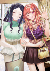  2girls ahoge arm_up artist_name bag black_hair black_skirt blonde_hair blurry blurry_background blush bracelet braid breasts closed_eyes colored_inner_hair commentary_request cropped_legs forehead green_sweater highres holding holding_bag jewelry large_belt large_breasts legs locked_arms long_hair looking_at_viewer mege_(megechan) multicolored_hair multiple_girls one_eye_closed orange_hair original purple_hair red_eyes skirt sleeveless smile sweater teeth thighs tongue transparent_bag twintails twitter_username two-tone_hair white_skirt 