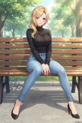  1girl absurdres alternate_costume arms_between_legs artist_name azur_lane bench black_shoes black_sweater blonde_hair blue_eyes blue_pants breasts chinese_commentary closed_mouth commentary_request day earrings fingernails full_body hair_over_shoulder high_heels highres hood_(azur_lane) jewelry large_breasts long_hair long_sleeves multicolored_shoes on_bench outdoors pants park_bench red_shoes shoes sitting solo sweater tree two-tone_shoes xnnagu 