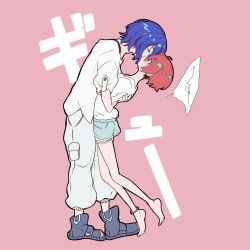  1boy 1girl amate_yuzuriha anklet barefoot blue_hair blue_shoes blush closed_eyes commentary_request full_body green_eyes gundam gundam_gquuuuuux hetero highres hug jewelry kiss pants pink_background red_hair shirt shoes short_hair shorts shuji_ito simple_background speech_bubble tsu_bakimrro white_shirt 