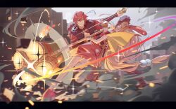  1boy 1girl absurdres animal_ears auklet5580 battle blonde_hair cho_kaguya-hime! commentary_request fur_collar hair_between_eyes hammer highres holding holding_hammer holding_sword holding_weapon horns jet_engine kaguya_(cho_kaguya-hime!) long_hair looking_at_another lop_rabbit_ears mikado_akira_(cho_kaguya-hime!) rabbit_ears red_hair short_hair smoke sparkle sword very_long_hair weapon 