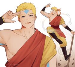  1boy aang aang_(cosplay) arrow_(symbol) arrow_tattoo avatar:_the_last_airbender avatar_legends blonde_hair blue_tattoo cosplay flyer forehead_tattoo fox head_tattoo highres male_focus monk naruto_(series) solo spiky_hair tattoo tenartistt uzumaki_naruto 