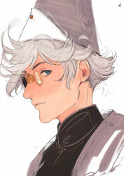  1boy absurdres blue_eyes closed_mouth conical_hat glasses hat hat_tassel highres hollycircling lips looking_at_viewer male_focus nose qifrey's_atelier_apprentice_uniform qifrey_(tongari_boushi_no_atelier) short_hair simple_background solo tongari_boushi_no_atelier white_background white_hair wizard_hat 