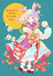 1girl 2023 animal_ears animal_feet animal_hands back_bow blue_background bow camellia checkered_sash chinese_zodiac closed_mouth commentary_request flower full_body green_bow green_sash happy_new_year highres japanese_clothes kazamati_soyoka kimono long_sleeves looking_at_viewer medium_hair new_year obi original petals pink_flower pink_petals platform_sandals print_kimono rabbit_ears rabbit_girl rabbit_tail red_eyes red_flower red_kimono red_petals red_skirt sandals sash skirt sleeves_past_wrists snow_rabbit snowflake_print socks solo standing tail two-sided_fabric two-sided_skirt two-tone_sash v_arms white_flower white_hair white_petals white_skirt white_socks year_of_the_rabbit yellow_sash zouri