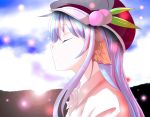  absurdres alternate_costume animal_ears blue_hair bust closed_eyes dog_ears eyes_closed food fruit hat highres hinanawi_tenshi kemonomimi_mode lens_flare long_hair peach ramutaizumu solo touhou 