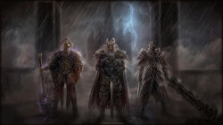  3boys absurdres armor asymmetrical_dual_wielding castle commentary crown dark_souls_(series) dark_souls_ii dual_wielding english_commentary full_armor full_body fume_knight fume_ultra_greatsword highres holding holding_mace holding_sword holding_weapon lightning mace multiple_boys outdoors planted planted_sword rain sword velstadt_the_royal_aegis vempire vendrick_(dark_souls) weapon 