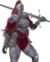  1girl armor belt breastplate full_armor gauntlets greaves helm helmet highres holding holding_sword holding_weapon knight original palemancer pants pauldrons plate_armor plume red_pants shoulder_armor solo standing sword weapon 