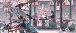  3girls absurdres architecture black_cat black_gloves bug butterfly butterfly_hair_ornament butterfly_on_hand calico_(pattern) calico_cat cat chinese_new_year coat commentary cone_hair_bun copyright_name copyright_notice cup dao double_bun east_asian_architecture english_commentary face_chain flower gloves green_hairband green_robe green_skirt grey_hair hair_bun hair_ornament hairband hat headband highres holding holding_cup holding_sheath holding_sword holding_weapon lantern lattice liang_yue_(reverse:1999) liang_yue_(the_moon's_reflection)_(reverse:1999) logo long_braid mini_snowman multiple_girls official_alternate_costume official_art on_stool paper_lantern parted_lips pavilion pink_headband pink_shawl pink_shirt plant plum_blossoms potted_plant purple_hanfu red_eyes red_flower reverse:1999 rice_hat robe round_window rubuska shawl sheath shirt sitting skirt snow snowing stool sword table teapot tooth_fairy_(reverse:1999) tree unsheathed weapon white_coat window yellow_eyes 