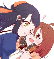  ! 2girls ahoge assault_lily blue_shirt blush brown_cardigan cardigan cheek-to-cheek commentary_request headphones headphones_around_neck heads_together highres juliet_sleeves kawamura_yuzuriha long_hair long_sleeves looking_at_another multiple_girls one_eye_closed open_cardigan open_clothes open_mouth puffy_sleeves purple_hair red_eyes red_hair shirt short_hair simple_background smile straight_hair tsukioka_momiji upper_body wataru_(chirimenjako) white_background white_shirt wispy_bangs yellow_eyes yuri 