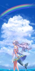  1girl absurdres alternate_hair_length_(longer) blue_sky closed_mouth clouds fins fish_tail gawr_gura gawr_gura_(party_dress) grey_hair highres hololive hololive_english long_hair official_alternate_costume rainbow shark_girl shark_tail sharkudon sky solo tail virtual_youtuber wading water 