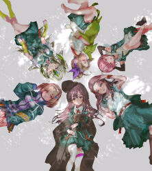  6+girls absurdres ahoge black_hair blue_eyes book brown_hair commentary_request crescent crescent_earrings earrings green_eyes green_hair green_streaks hair_ornament hairband hairpin heaven_burns_red highres holding holding_book hugging_object jewelry long_hair looking_at_viewer lying multicolored_hair multiple_girls no53_(pixiv_77486930) on_back ooshima_ichiko ooshima_isuzu ooshima_minori ooshima_muua ooshima_niina ooshima_yotsuha pink_eyes pink_hair short_hair streaked_hair stuffed_animal stuffed_toy team_31e_(heaven_burns_red) violet_eyes 