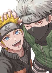  2boys :d absurdres black_jacket black_mask black_pants blonde_hair cocorozashiii commentary_request facial_mark flak_jacket forehead_protector green_jacket grey_hair hand_on_another's_head hatake_kakashi highres jacket konohagakure_shinobi_uniform konohagakure_symbol male_focus mask mouth_mask multiple_boys naruto_(series) naruto_shippuuden one_eye_closed open_mouth pants red_eyes scar scar_across_eye scar_on_face short_hair simple_background smile spiky_hair teeth uzumaki_naruto whisker_markings white_background zipper 