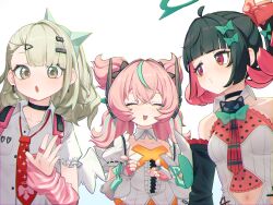  3girls akaika_(aka) aria_(zenless_zone_zero) black_hair blunt_bangs choker commentary_request dress green_hair hair_ornament halo highres medium_hair multicolored_hair multiple_girls nangong_yu necktie pink_hair shirt sunna_(zenless_zone_zero) white_background white_shirt zenless_zone_zero 