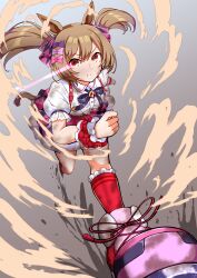  1girl absurdres animal_ears bow breasts brown_eyes brown_hair center_frills commentary_request eye_trail frills gyudon._(peilbanker) hair_between_eyes hair_bow highres horse_ears horse_girl horse_tail light_trail multiple_hair_bows pink_bow pink_shoes pink_skirt puffy_short_sleeves puffy_sleeves purple_bow red_socks running shirt shoes short_sleeves skirt small_breasts smart_falcon_(love_4ever)_(umamusume) smart_falcon_(umamusume) socks solo suspender_skirt suspenders tail twintails umamusume variant_set white_shirt wrist_cuffs 