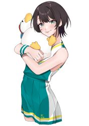  1girl absurdres alternate_costume animal black_hair blue_eyes cheerleader commentary covered_navel cropped_legs english_commentary green_skirt green_tank_top highres holding holding_animal hololive looking_at_viewer miniskirt oozora_subaru pleated_skirt seiji_kimoti short_hair simple_background skirt smile solo subaru_duck sweatband swept_bangs tank_top virtual_youtuber white_background 